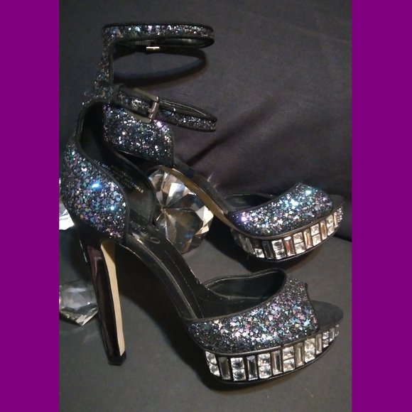 BOUTIQUE 9 sz 6.5 PURPLE BLUE COSMIC GLITTER HEELS RHINESTONE JEWEL GEMS - Picture 1 of 15
